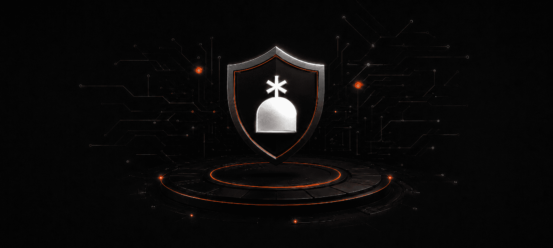 Silver shield bearing the White Tuque mark, standing on a glowing orange podium