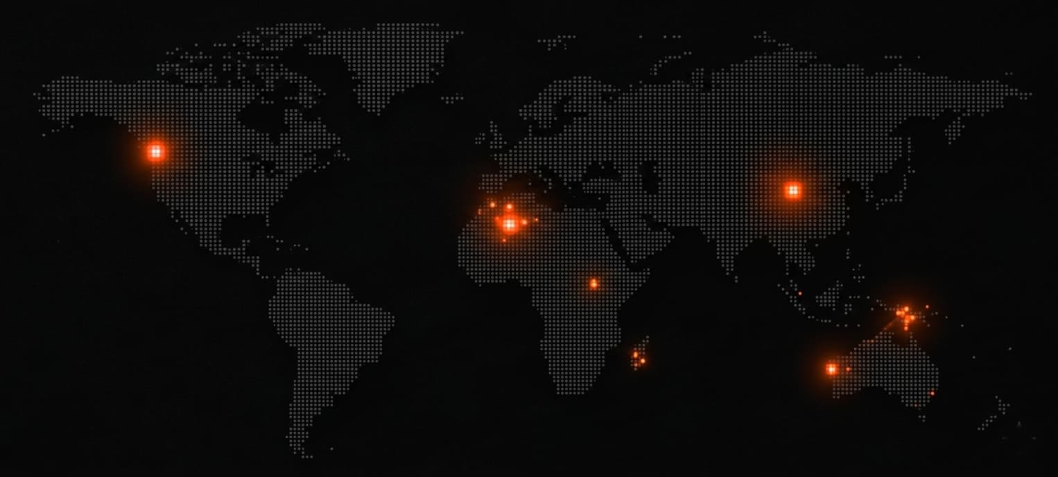dark grey world map with various orange glowing pins
